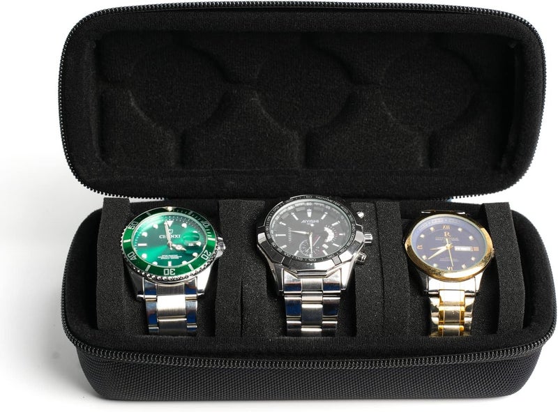 RIGICASE 3 watch travel case roll, Hard watch carry case roll display storage holder box with soft foam pillows snug fit all size watches up to 60mm face - Image 1
